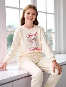 Conjunto de sudadera de manga larga con estampado de letras y lazos y pantalones de puño acanalado para niña pequeña y preadolescente, ropa de dormir, moda de regreso a la escuela