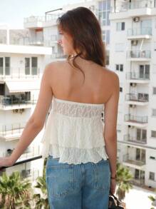 SHEIN Unity 春夏季扭纹蕾丝荷叶边下摆短款抹胸，适合女士外出穿着 - 杏色 - 查看 3