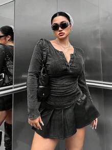 Muchica 大码休闲复古水洗修身长袖T恤 - 黑色 - 查看 4