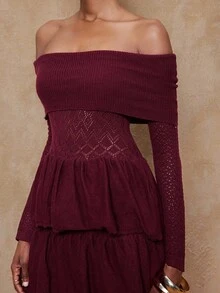 SHEIN Privé 秋冬季聚会宴会低调奢华闪耀假日派对狂欢节郊游度假热门户外层次丰富婚礼季宴会女士不对称领长袖荷叶边修身优雅针织连衣裙奢华舞会圣诞节新年 - 酒紅色 - 查看 1