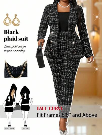 SHEIN Tall CURVE 秋冬エレガントブラックニットラペルボタン長袖プラスサイズファーコート