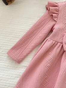 LMoss Kids LMoss Baby Girl Pink Autumn Cute Sweet Birthday Dress,Solid Knit Round Neck Ruffle Hem Long Sleeve Textured Warm Outfit For Christmas Spring Winter - Pink - View 7