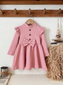 LMoss Kids LMoss Baby Girl Pink Autumn Cute Sweet Birthday Dress,Solid Knit Round Neck Ruffle Hem Long Sleeve Textured Warm Outfit For Christmas Spring Winter - Pink - View 1