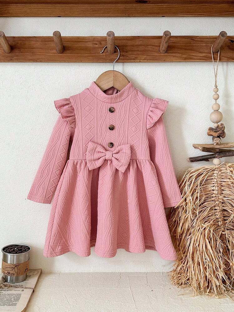 LMoss Kids Đầm dệt kim màu trơn cổ tròn viền bèo cho bé gái LMoss, đầm dài tay màu hồng cho bé gái, đầm hồng cho bé gái, đầm hồng mùa thu có họa tiết, đầm hồng mùa thu cho bé gái, đầm ấm áp màu hồng cho bé gái, quần áo bé gái phong cách cổ điển dễ thương, đầm hồng mùa xuân thu, quần áo bé gái, đầm mùa thu, Giáng sinh, quần áo mùa đông cho bé, quần áo mùa thu, trang phục mùa thu, Giáng sinh - Hồng - Xem 1