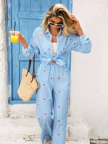 Vivid Eden 2件套女士单排扣卷袖衬衫和阔腿裤秋季服装 - 藍色 - 查看 4