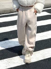 SHEIN EZwear Pantalones de chándal casuales y sueltos con forro térmico y patrón bordado, pantalones de chándal Y2K, pantalones de chándal holgados, otoño - Caqui - Ver 3