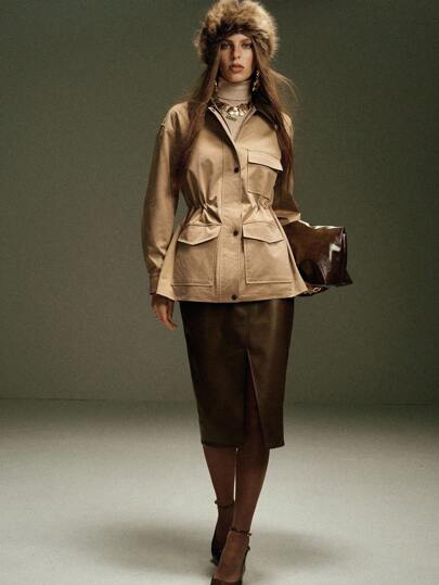 EMERY ROSE Women's Lapel H-Shaped Waist Drawstring Large Three-Dimensional Patch Pocket Design Daily Commuting Long-Sleeved Jacket Fall Casual
