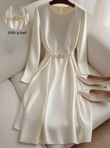 Franclia French Gentle Commuting Temperament Round Neck With Belt White High-End Solid Color Back To School Women's White Dress Elegant Female Dress Autumn Dress SummerHoliday Sunny Journey Vacay Vibes All White Clothes For University Fall Cloth For Women - White - View 1