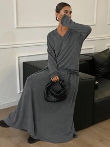 Livesso Set de 2 piezas Conjunto informal y holgado de estilo urbano gris, Conjunto de salón de otoño/invierno para mujeres - Gris - Ver 1