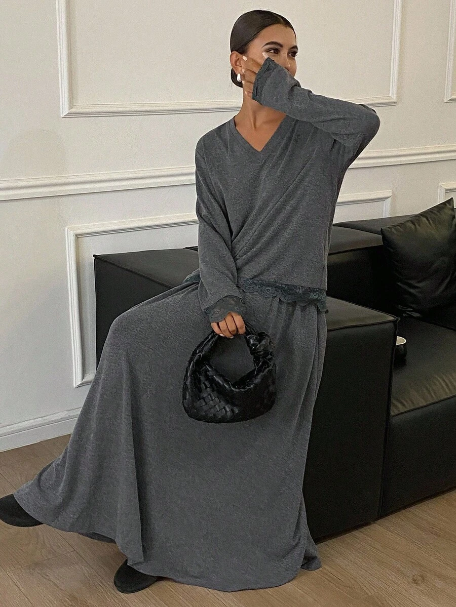 Livesso Set de 2 piezas Conjunto informal y holgado de estilo urbano gris, Conjunto de salón de otoño/invierno para mujeres - Gris - Ver 1