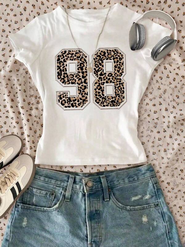 SHEIN Vintage Street Sports Leopard 98 Graphic, Tween Girl Slim Fit Casual Minimalist Comfortable Round Neck Long Short Sleeve T-Shirt, Suitable For Summer Girls 90s Outfit Tween Girl Leopard Set Cheetah Print Top Tween Leopard Print Top Tween Girls Number Shirt