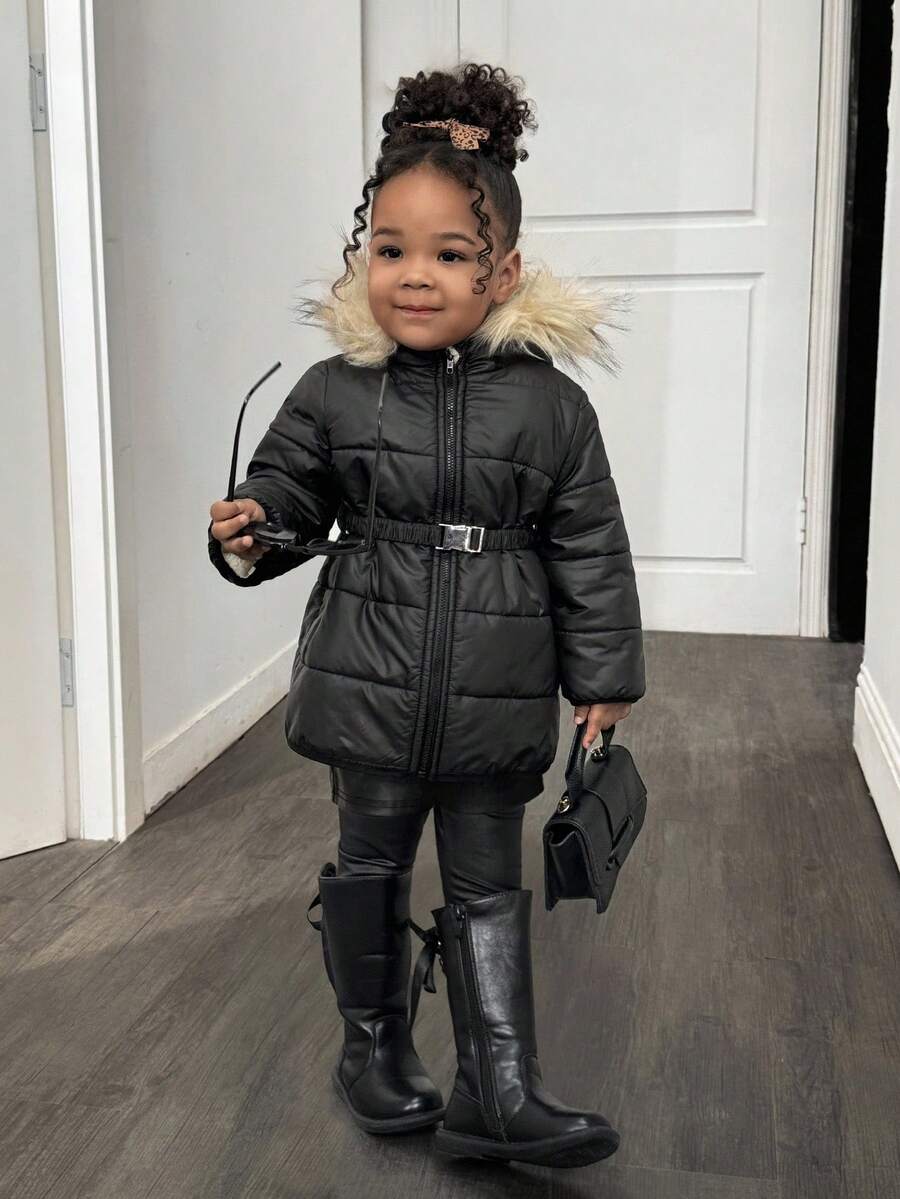 Chaqueta con capucha forrada térmicamente de color negro casual y versátil para bebés niñas, cálida para otoño/invierno - Negro - Ver 1