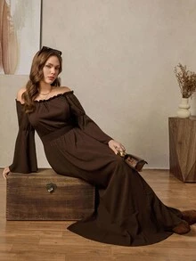 Zelara Đầm thời trang cổ vuông tay dài xẻ tà bên hông cỡ lớn cho nữ - Cà phê nâu - Xem 6