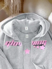 SHEIN 少女三件套：带星星印花的保暖连帽拉链外套、罗纹针织无袖背心和慢跑裤，休闲返校装，浅灰色秋冬款 - 灰色 - 查看 3