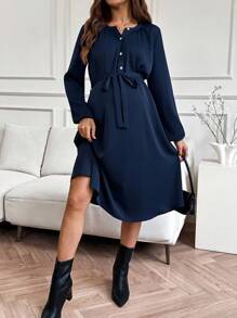 SHEIN Höstkläder, Höstkläder, Mammakläder Höstkläder Mammakläder Dam Casual Enfärgad Knappmidja Medellång Klänning Mammaklänning Blå Amningsklänning Klänning För Gravida Kvinnor Graviditetskläder Graviditetsklänning - Marinblå - Visa 7