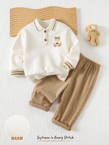 Cozy Pixies 2 件套男婴卡通熊图案针织柔软圆领长袖套头衫和松紧腰裤套装