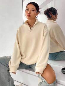 Women's Solid Color Zipper Half Placket Long Sleeve Casual Sweatshirt