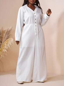 SHEIN CURVE+ 2025 年新款时尚白色休闲衬衫上衣，正面纽扣和腰带，加大码褶皱阔腿连体裤，适合春夏休闲、生日派对、日常穿着、Datefall 女士服装、冬季、CURVE PLUS/秋冬 - 白色 - 查看 6