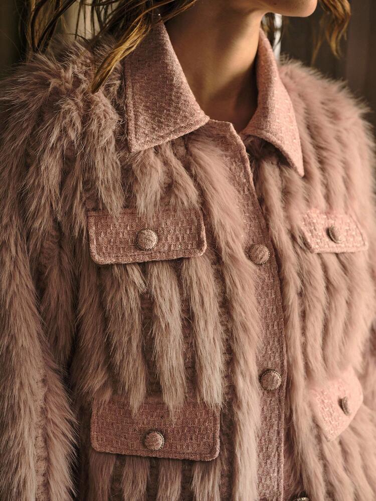 TWEED BUTTON UP FAUX FUR COAT