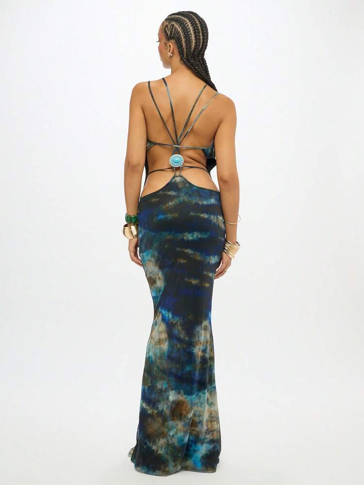 SUMWON WOMEN Vestido largo con cuello halter y efecto tie-dye con aberturas