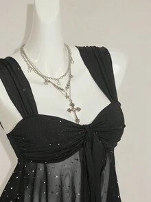 SHEIN ICON Shiny Fabric Asymmetrical Mesh Hem Women's Camisole Black Sparkly Top,Black Tops