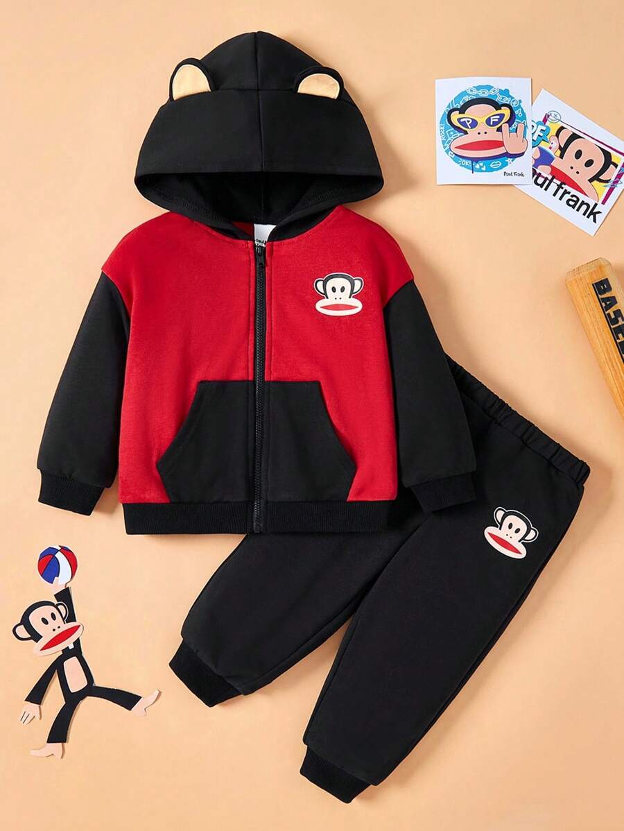 Paul Frank X SHEIN Conjunto de 2 piezas de chaqueta con capucha con orejas 3D y pantalón de chándal con estampado de mono lindo de dibujos animados para bebé niño, adecuado para otoño e invierno, Halloween - Negro - Ver 1