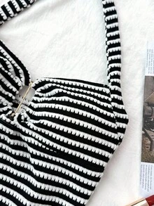 SHEIN 少女两件套露背上衣和超短裤套装，粉色休闲度假纹理服装，适合夏季、居家、青少年 - 黑與白 - 查看 5