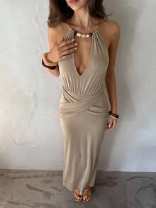 Aloruh Vestido longo feminino com gola franzida e contas, elegante e sexy para festa, para o verão, outono, para sair - Caqui - Ver 3
