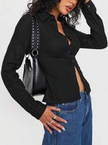 INAWLY Camisa negra de manga larga ajustada con botones delanteros de unicolor, informal, para mujer - Blusas de manga larga - Negro - Ver 3