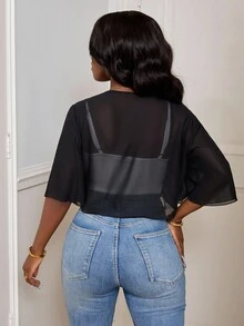 SHEIN PETITE CURVE Plus Size Women's Black Semi-Sheer Cropped Thin Top