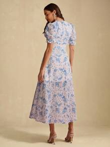 Enchnt Vestido midi elegante, romântico, azul, com decote em V, estampa floral, cintura marcada, manga curta, doce e elegante para férias, encontros, festas, formaturas, convidados de casamento e praia, vestido de baile, vestidos elegantes para festas - Azul - Ver 7