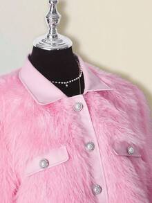 SHEIN ICON Women's Solid Color Long Sleeve Single-Breasted Faux Fur Elegant Jacket In Fall/Winter - Pink - View 4