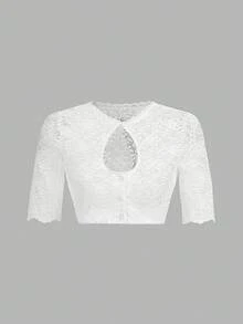 SHEIN Frenchy 女士优雅白色蕾丝镂空短袖上衣，性感蕾丝短袖上衣，适合慕尼黑啤酒节女士蕾丝花边短袖上衣，采用甜心领和褶饰设计，女士纯色简约日常镂空蕾丝花边短袖上衣，慕尼黑啤酒节连衣裙，慕尼黑啤酒节服装，白色上衣，啤酒节，白色短款上衣女士钩针短款上衣网眼短款上衣透视短款上衣，慕尼黑啤酒节连衣裙上衣，慕尼黑啤酒节连衣裙，慕尼黑啤酒节服装，白色上衣，啤酒节，慕尼黑啤酒节连衣裙上衣，加大码上衣 - 白色 - 查看 7