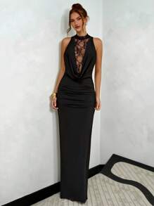 SHEIN BAE Abito aderente a tubino elegante in pizzo nero con collo alto, abito in pizzo nero per la primavera e l'estate - nero - Visualizzare 2