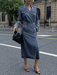 DAZY Đầm denim nữ cổ ve lật và có túi, đầm mùa thu. - Màu xanh lam - Xem 6