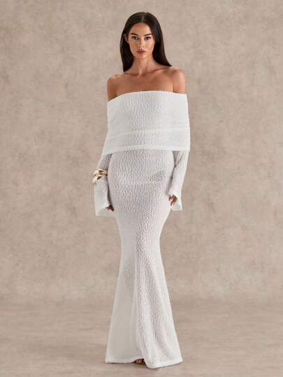 Glamine Vestido largo de mujer sexy para vacaciones, vestido de suéter de un solo hombro de unicolor semi-transparente de manga larga y estilo sexy, color blanco