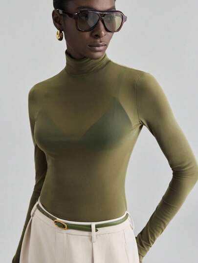 Ontre 2026 Spring/Summer New Stockholm Style, Women's Teacher Outfit, Seasonal Women's Wear, Mesh, Four-Way Stretch Fabric, Versatile, Casual Wear, 2025 New, Summer Women's Wear, Apricot Chiffon Blouse, Women's Top, Sheer Top, Seasonal Top, Olive Green Top, Turtleneck Top, Khaki Top, Tight Top, Modern Urban Casual Fashion, Business Casual, Women's Office Attire, Low-Key Retro Style, Relaxed Elegant, High-End Urban Commute, High-Quality Airport Fashion, Premium Fabric