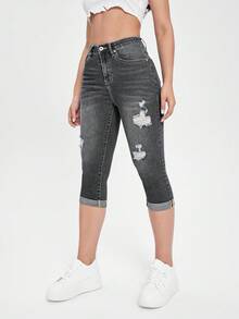 EURMUSE Jeans de verano de mezclilla casual y versátil con puños desgastados para mujer - Gris Claro - Ver 7