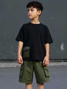 Tween Boys Black Summer Casual City Break Striped Utility Short Sleeve T-Shirt And Military Green Utility Shorts Set,College Style Comfortable Outfit - Multicolor - View 13