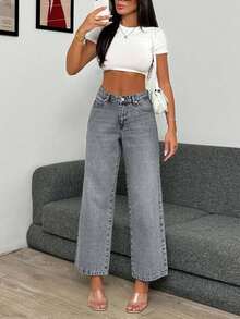 EURMUSE High Waist Light Wash Crop Straight Jean - Grey - View 3