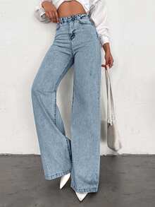 SHEIN Tall 100%Cotton HIGH WAIST WIDE LEG LONG HEM TALL JEAN - Baby Blue - View 6