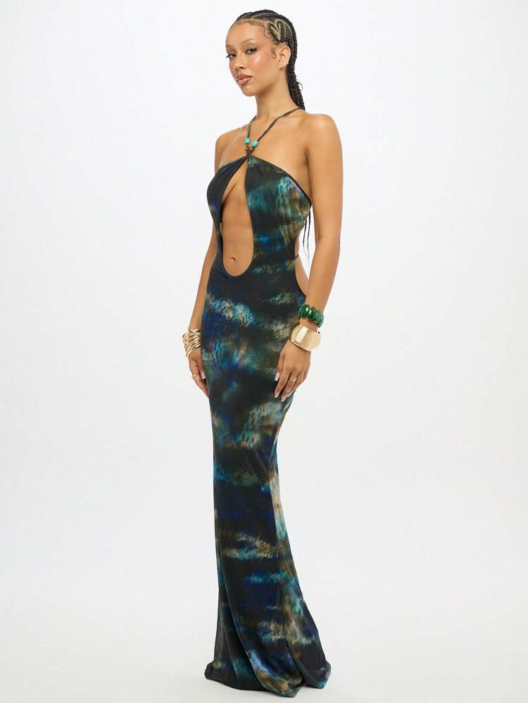 SUMWON WOMEN Vestido largo con cuello halter y efecto tie-dye con aberturas