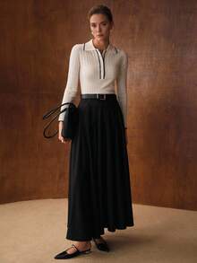 MOTF PREMIUM RIB-KNIT CONTRAST TRIM POLO COLLAR SWEATER