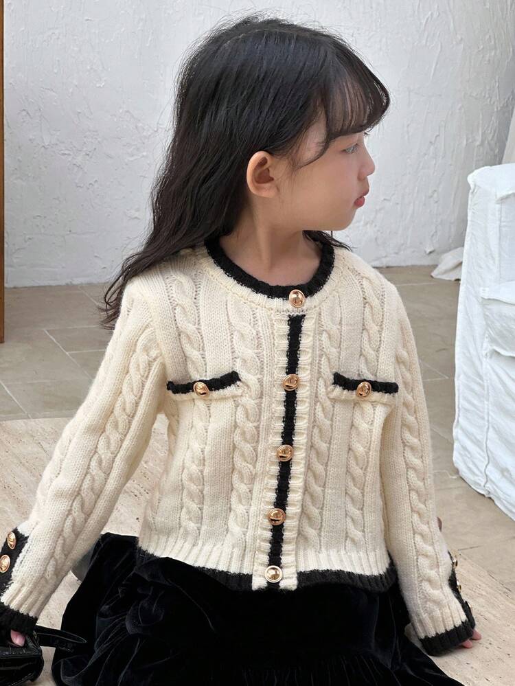 Young Girl Round Neck Korean Style Cable Knit Twist Front Cardigan Fall,Winter