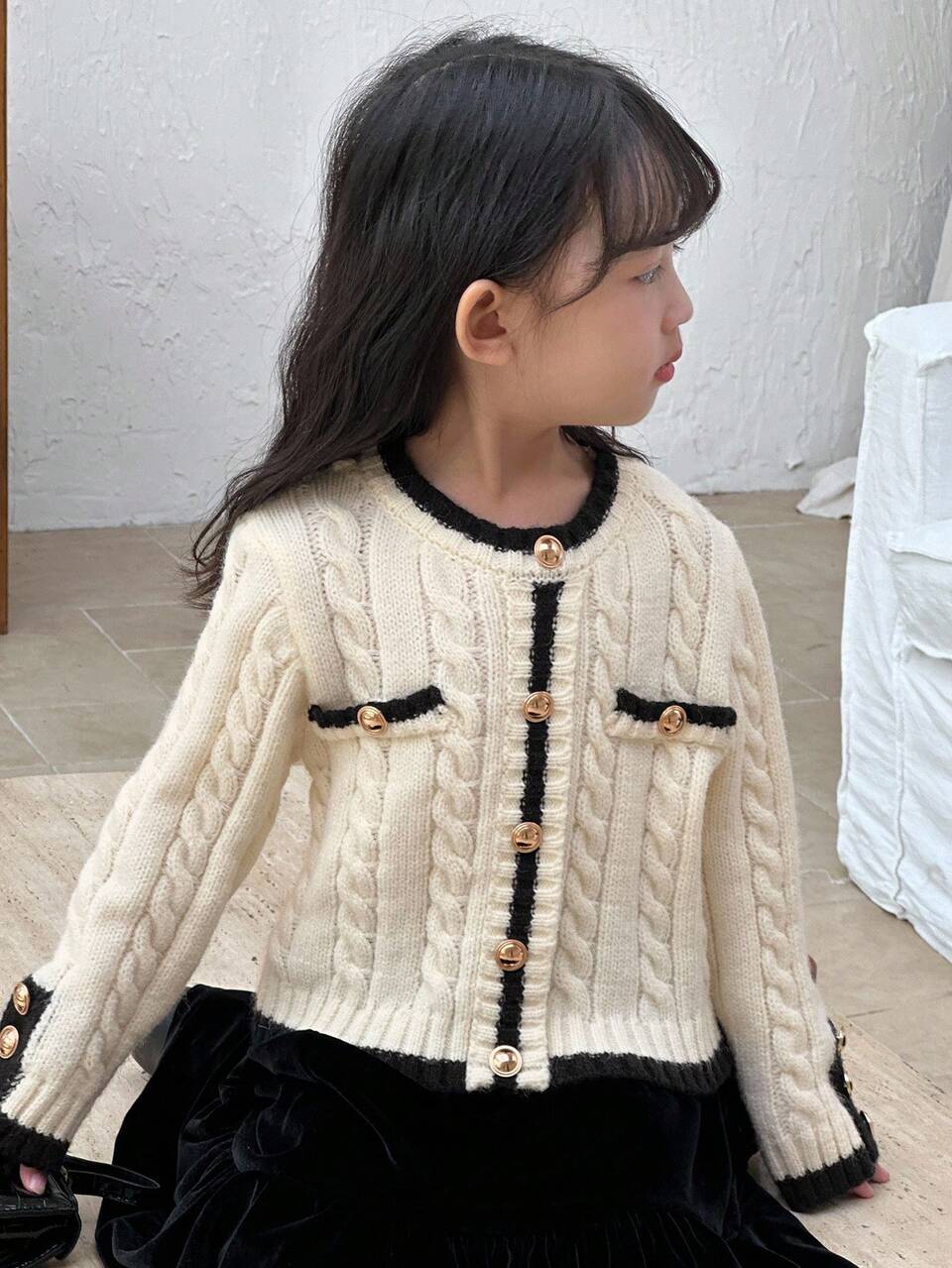 Young Girl Round Neck Korean Style Cable Knit Twist Front Cardigan Fall,Winter