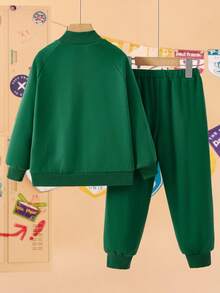 Paul Frank X SHEIN 2pcs Young Boy Sports Casual Cartoon Print Stand Collar Zip Front Jacket And Elastic Cuff Pants Set, Green Fall Winter - Green - View 2