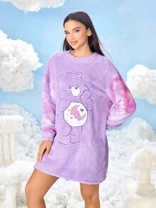 SHEIN X Care Bears Women's Bear Embroidered Crew Neck Long Sleeve Winter Nightgown, Fall - Purple - View 4