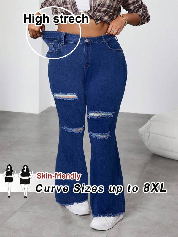 SHEIN CURVE+ Jeans negros de talla grande, jeans acampanados y ajustados rasgados, denim cómodo y elástico con bolsillos, para uso casual