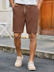 Manfinity NXTstreet 男士休闲梭织中腰抽绳直筒短裤，适合日常穿着男士棕色短裤男士亚麻短裤男士抽绳短裤棕色卡普里短裤男士棕褐色男士短裤 - 棕色 - 查看 5