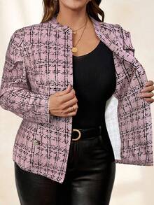 Chikora 大码女式金属扣装饰粗花呢纹理夹克，优雅百搭，适合日常休闲、商务、通勤、秋冬季穿着。